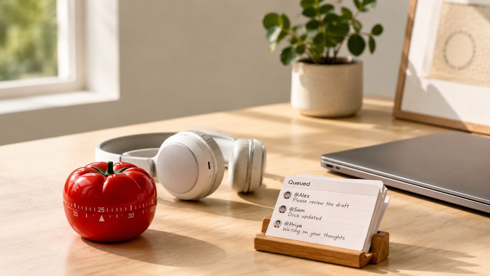 A wooden desk featuring a tomato kitchen timer, white headphones, a houseplant, and a task queue card.
