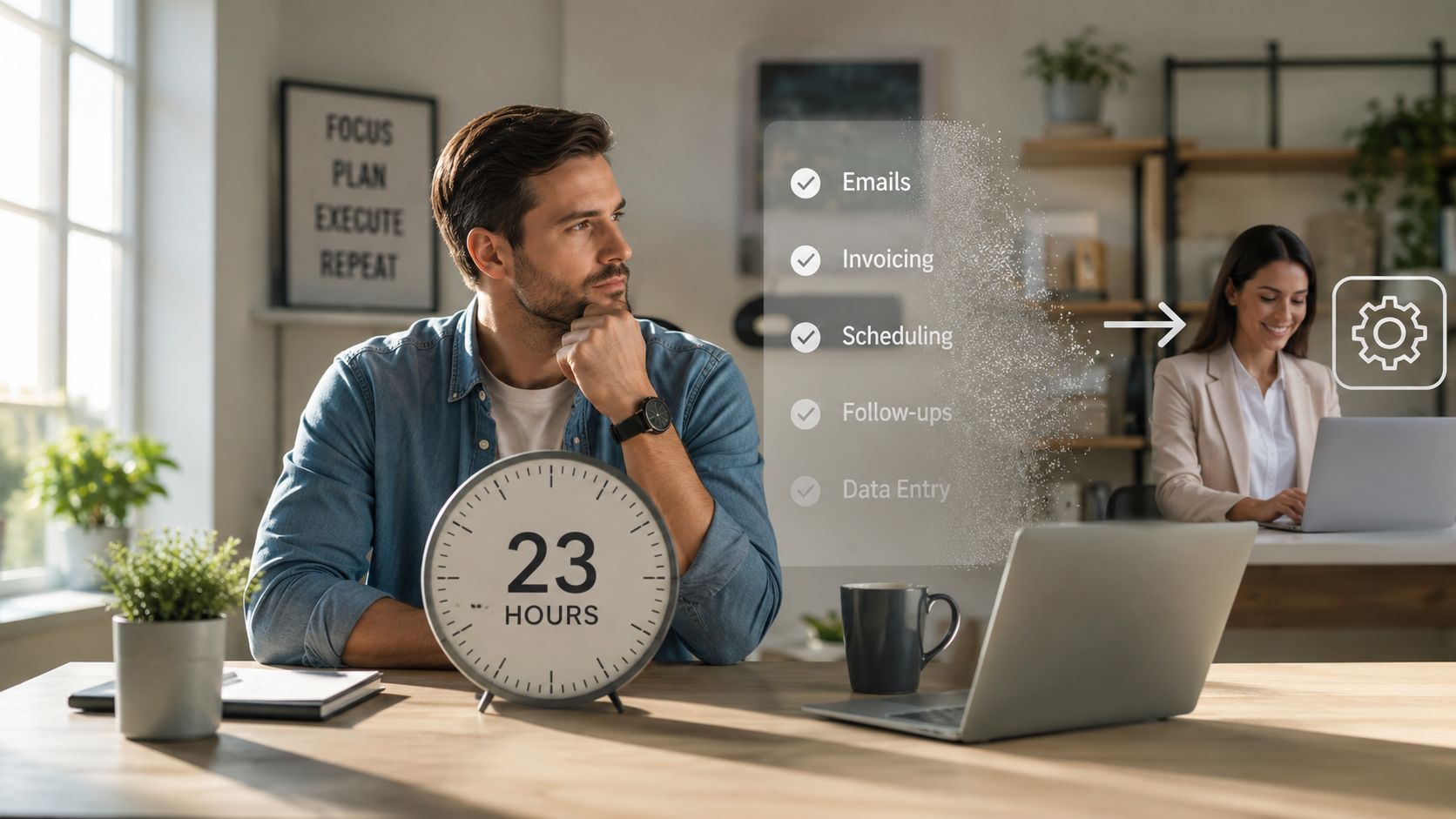 A businessman contemplating business automation with a clock indicating 23 hours in a modern office environment.