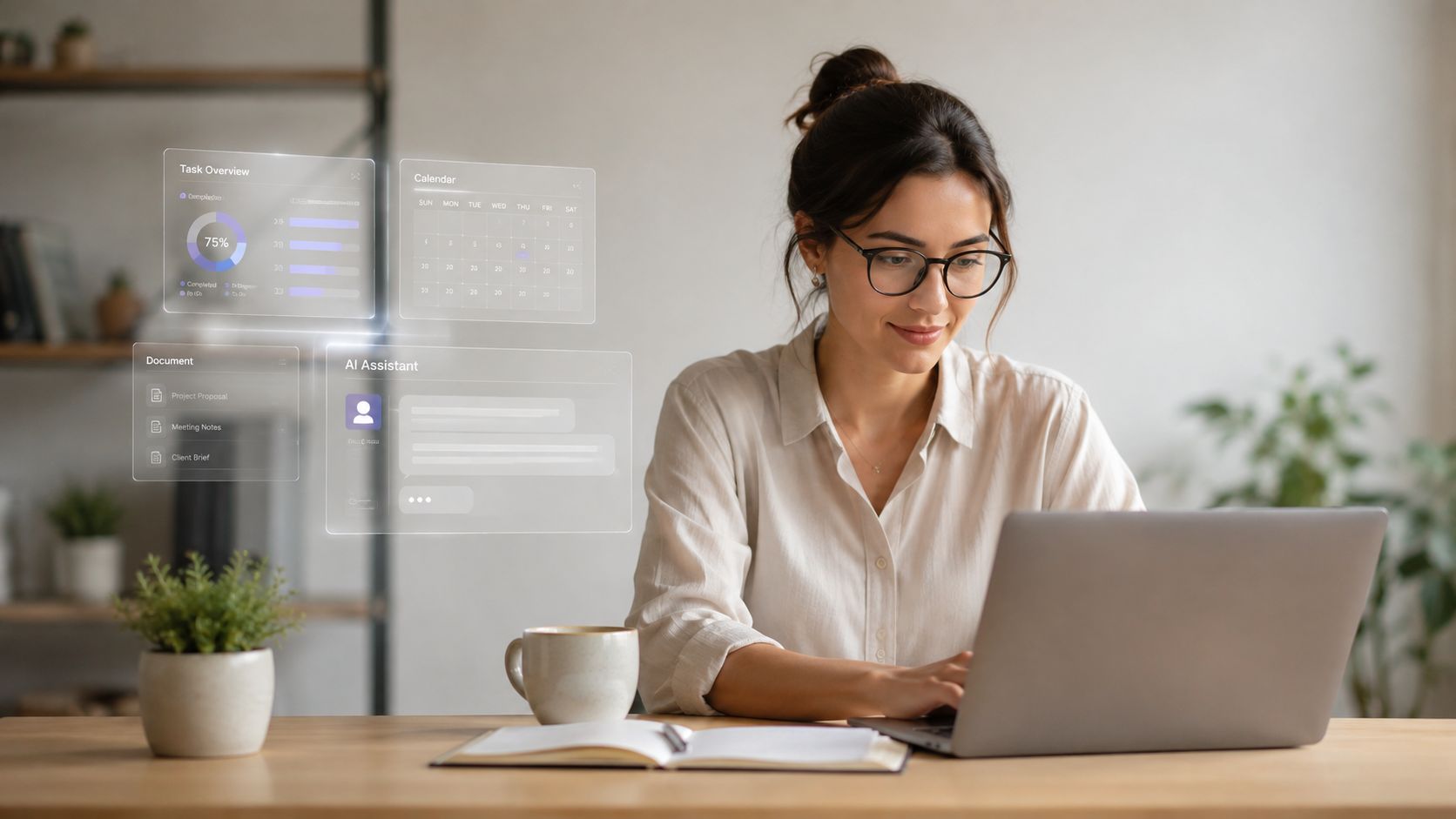 A professional woman working on a laptop with virtual productivity panels displayed in a bright home office.