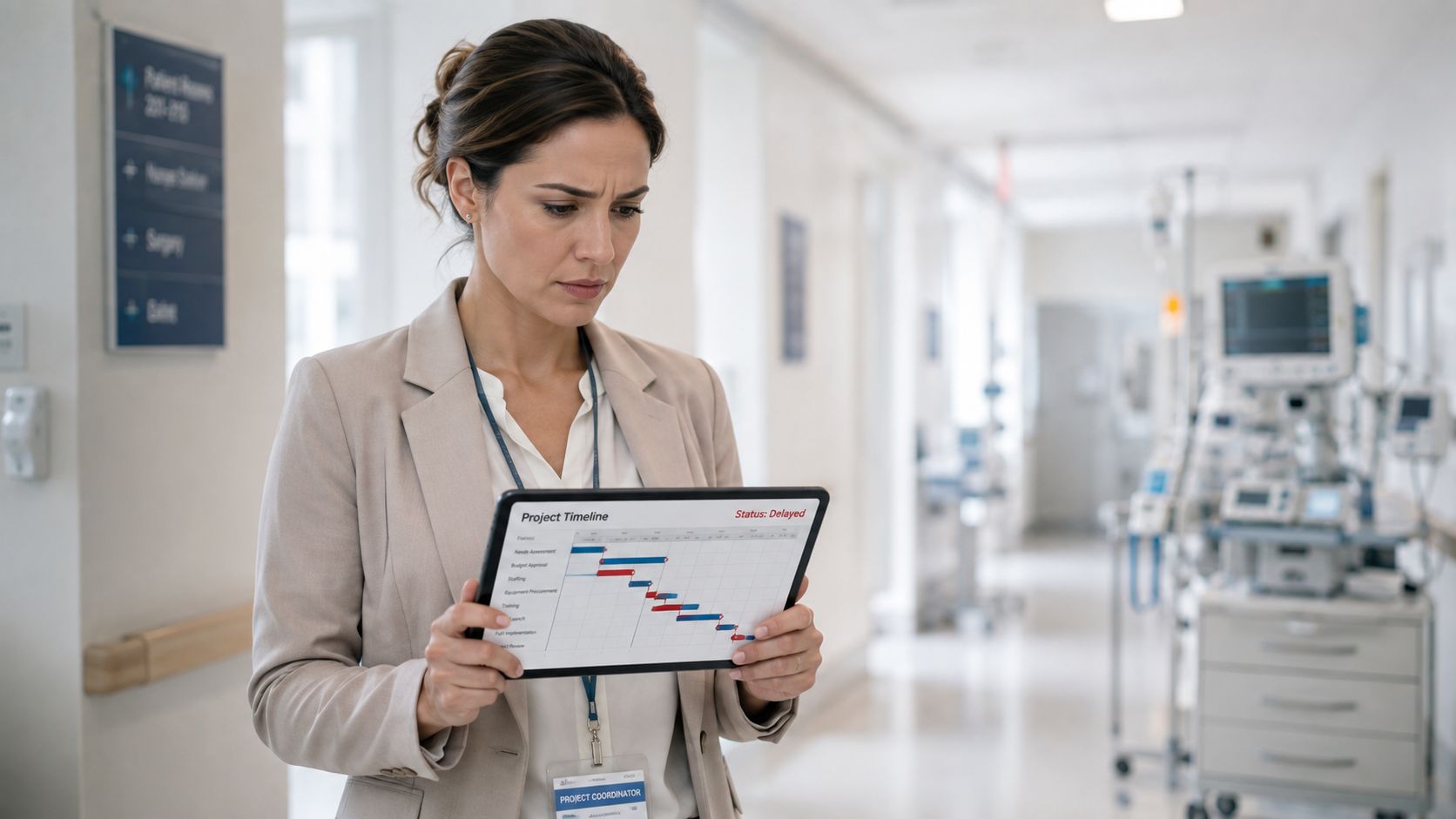 A concerned project coordinator in a hospital hallway reviews a delayed project timeline on a tablet.
