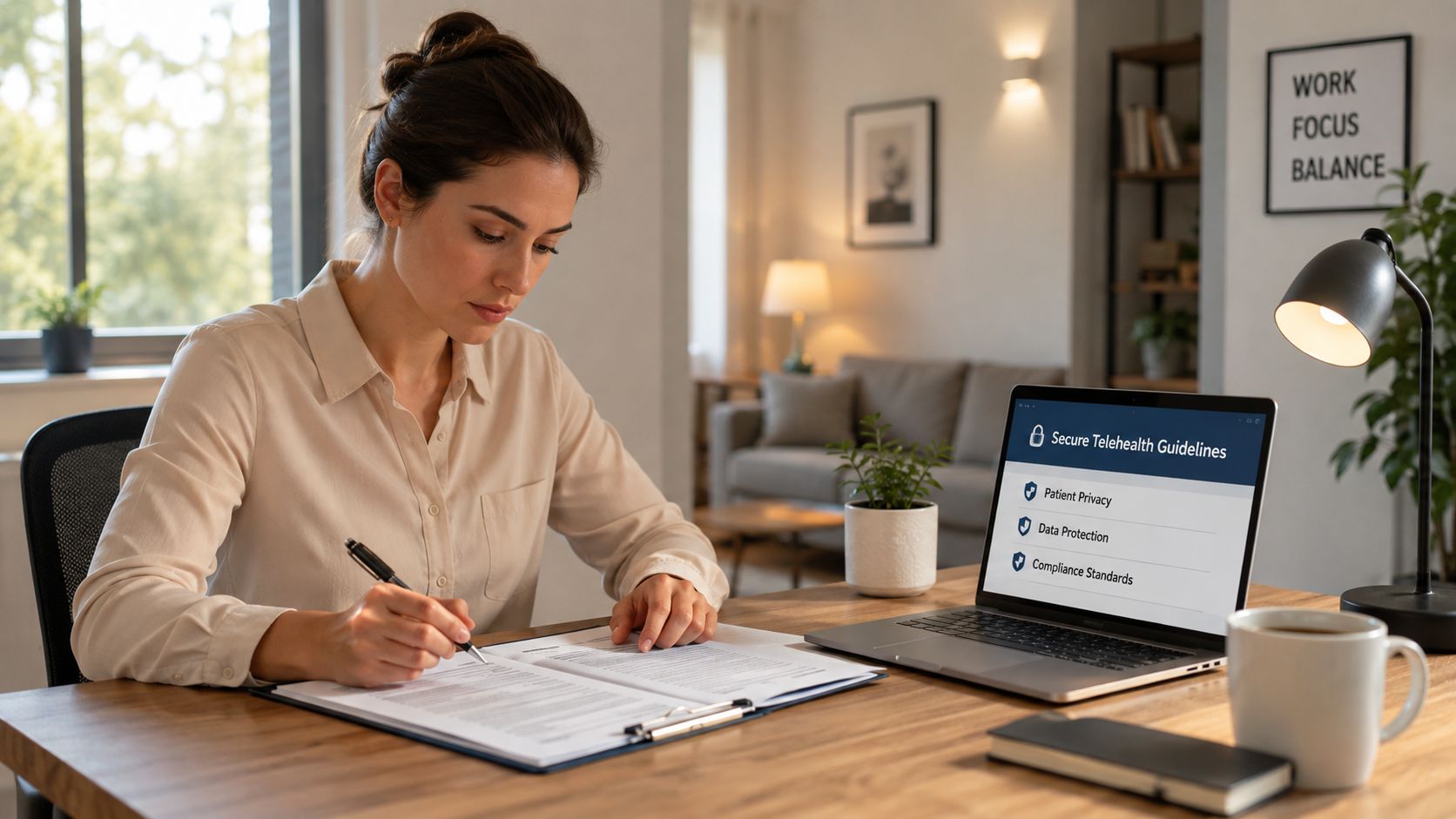 A professional woman working at a wooden desk with a laptop displaying secure telehealth guidelines documents.